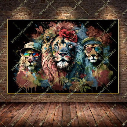 Floral Lion Graffiti Print – Modern Colorful Animal Canvas