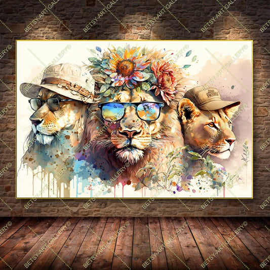 Floral Lion Graffiti Print – Modern Colorful Animal Canvas