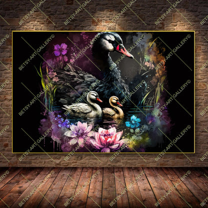 Colorful Floral Family Swans - Bright Animal Wall Art Print