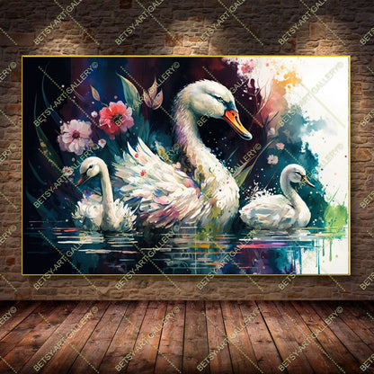 Colorful Floral Family Swans - Bright Animal Wall Art Print