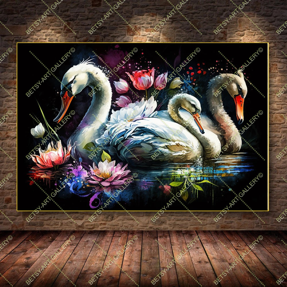 Colorful Floral Family Swans - Bright Animal Wall Art Print