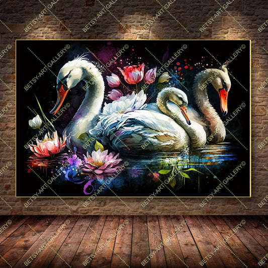 Colorful Floral Family Swans - Bright Animal Wall Art Print