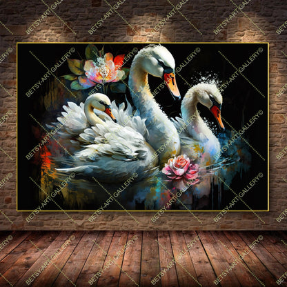 Colorful Floral Family Swans - Bright Animal Wall Art Print