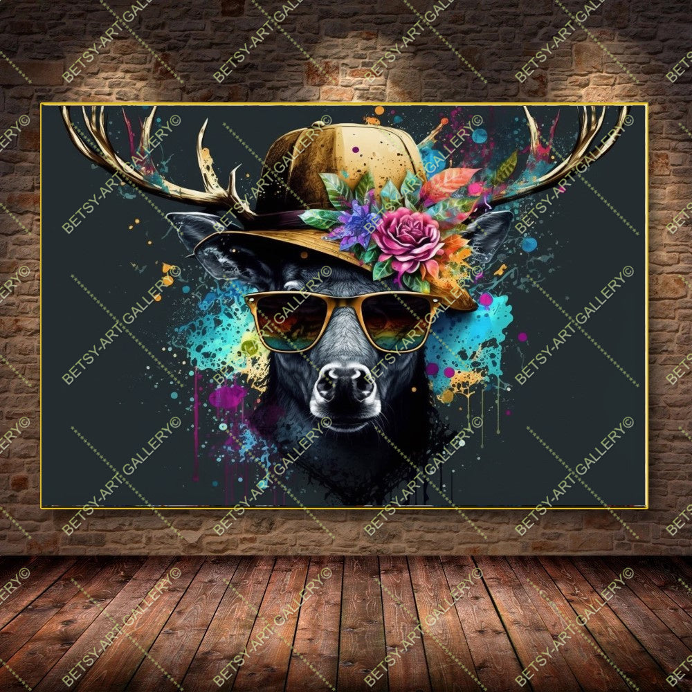 Colorful Floral Portrait Family Deers Canvas Print