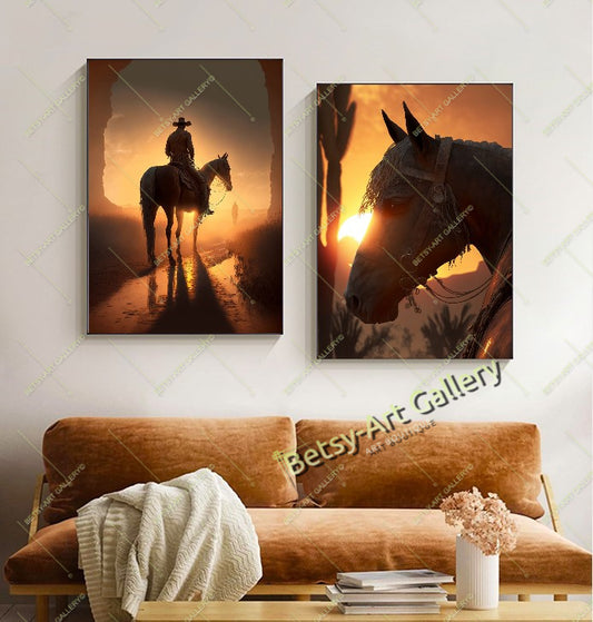 Western Cowboy Sunset Canvas Print, Cowboy and Horse Wall Art