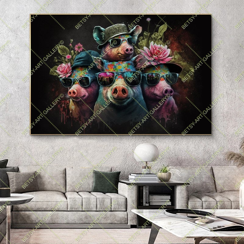 Colorful Funny Family Pigs Canvas - Bright Animal Wall Art Print