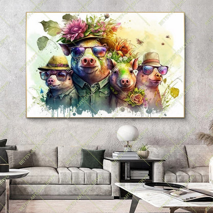 Colorful Funny Family Pigs Canvas - Bright Animal Wall Art Print