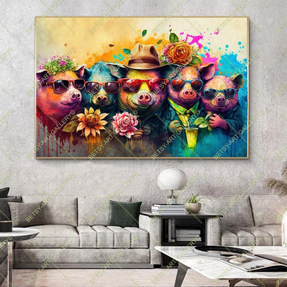 Colorful Funny Family Pigs Canvas - Bright Animal Wall Art Print