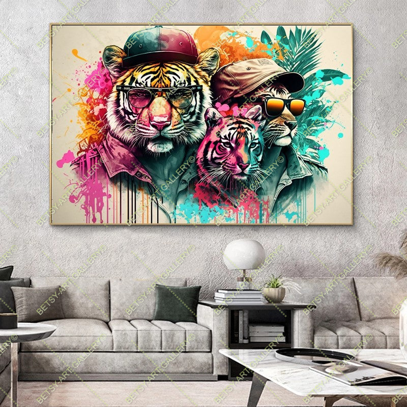 Floral Tiger Graffiti Print – Modern Colorful Animal Canvas