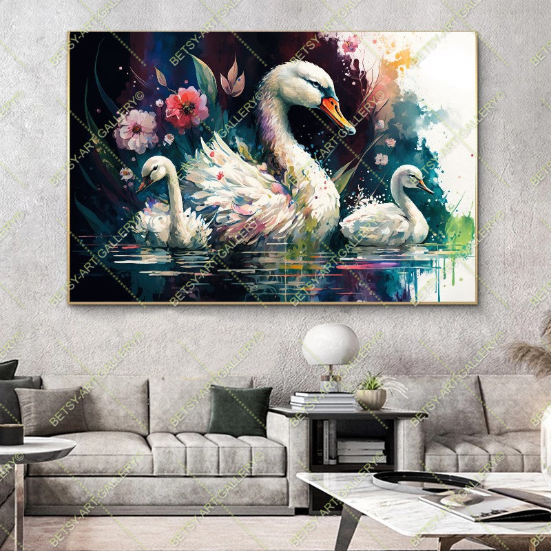 Colorful Floral Family Swans - Bright Animal Wall Art Print