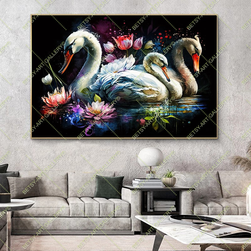 Colorful Floral Family Swans - Bright Animal Wall Art Print