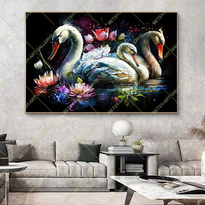 Colorful Floral Family Swans - Bright Animal Wall Art Print
