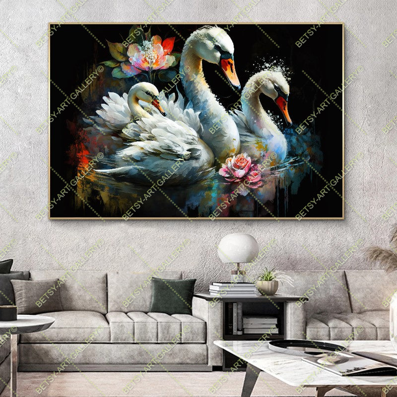 Colorful Floral Family Swans - Bright Animal Wall Art Print