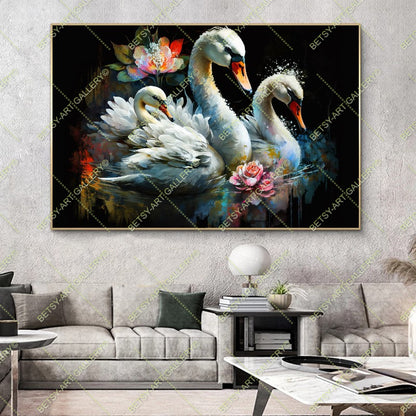 Colorful Floral Family Swans - Bright Animal Wall Art Print