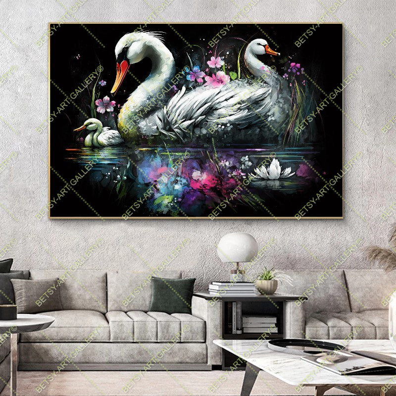 Colorful Floral Family Swans - Bright Animal Wall Art Print