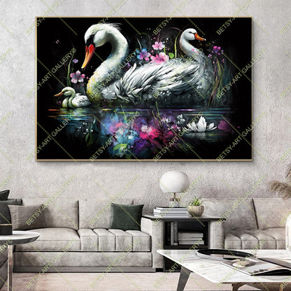 Colorful Floral Family Swans - Bright Animal Wall Art Print