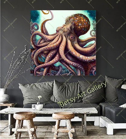 Octopus Wall Art Print on Canvas - Ocean Animal Decor