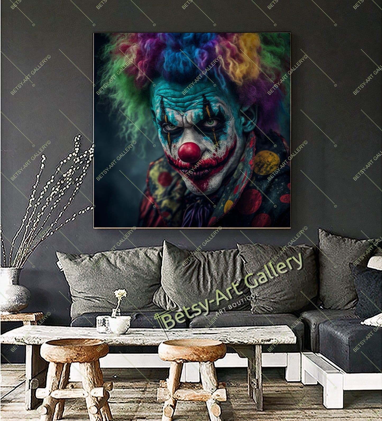 Dark Circus Clown Canvas Print – Creepy Colorful Wall Art