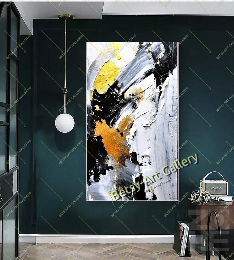 Gold Black White Abstract Canvas Print, Elegant Home Decor