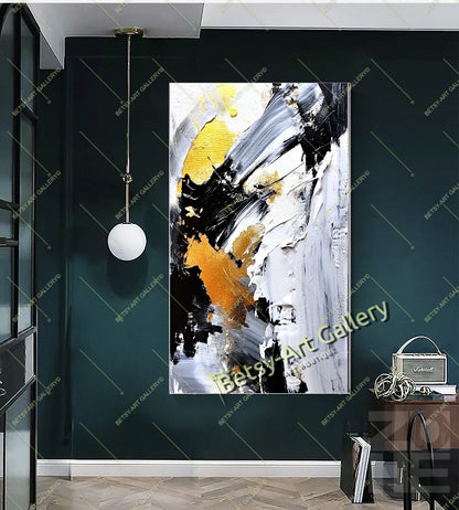 Gold Black White Abstract Canvas Print, Elegant Home Decor