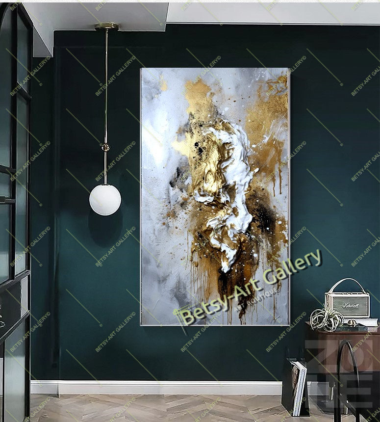 Gold Black White Abstract Canvas Print, Elegant Home Decor