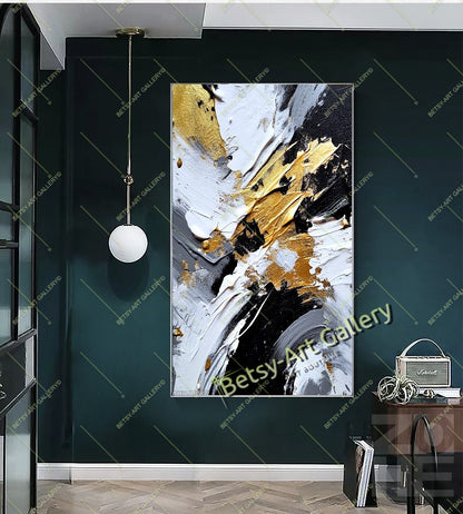 Gold Black White Abstract Canvas Print, Elegant Home Decor