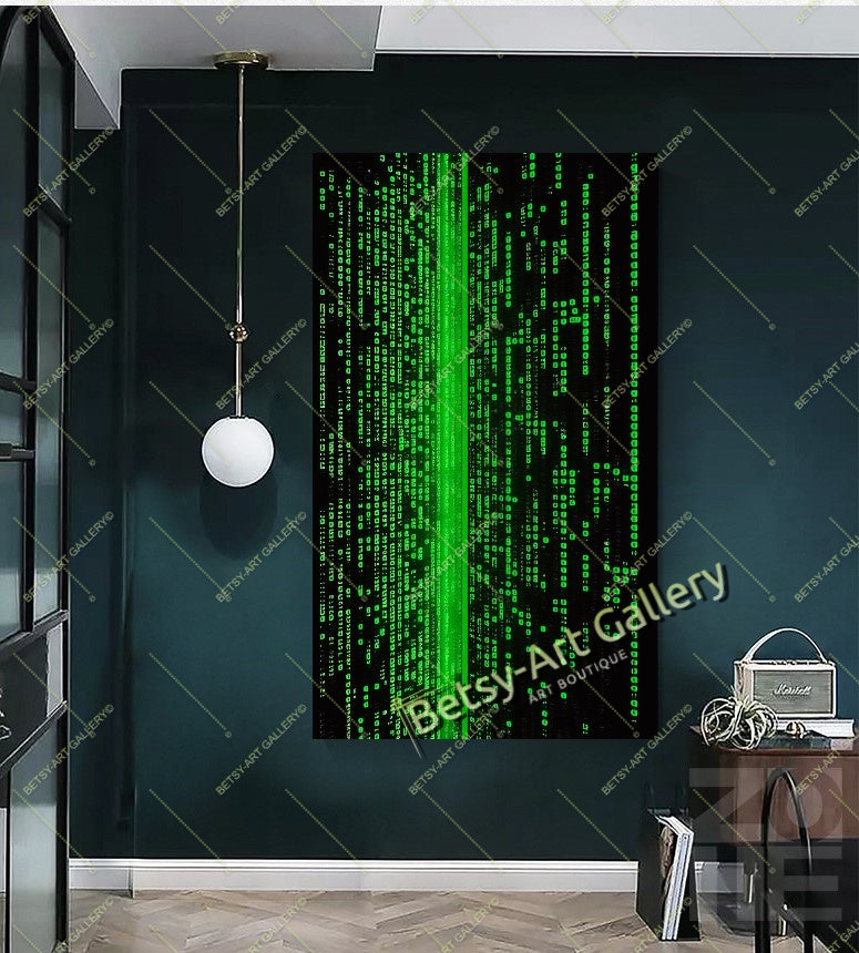 Green Neon Matrix Canvas Print, Modern Sci-Fi Home Decor