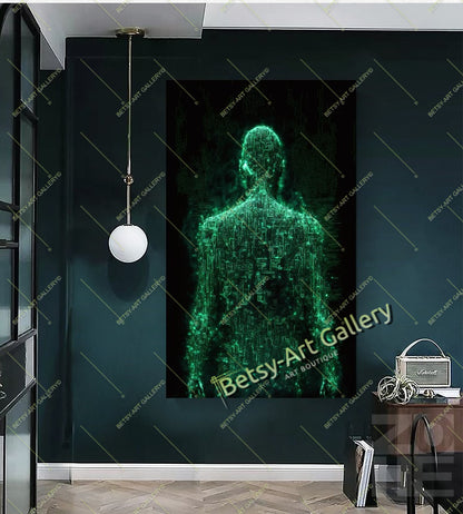 Green Neon Matrix Canvas Print, Modern Sci-Fi Home Decor