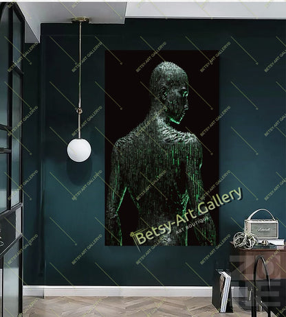 Green Neon Matrix Canvas Print, Modern Sci-Fi Home Decor