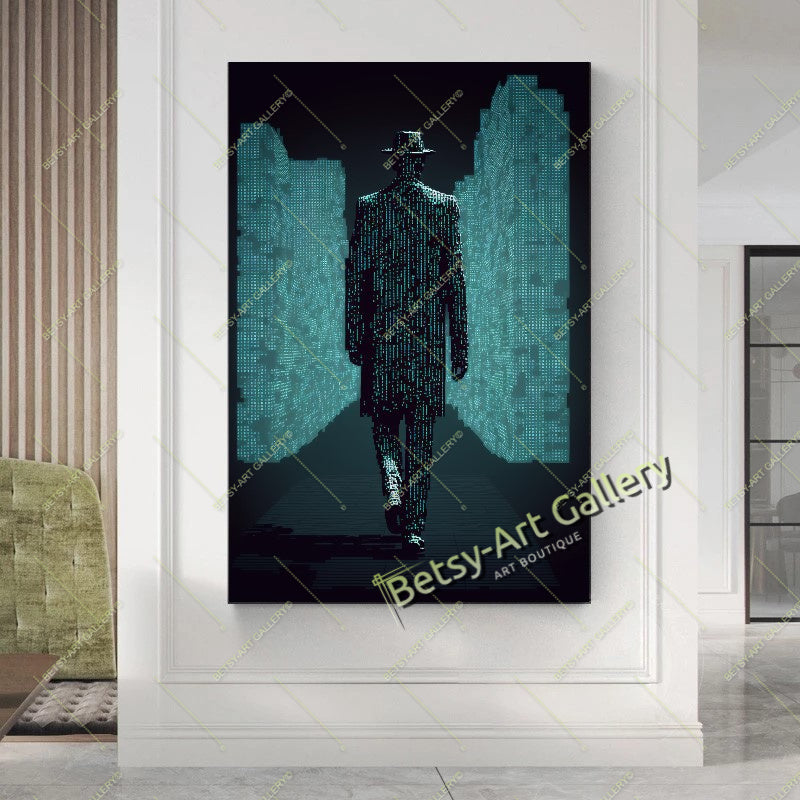 Green Neon Matrix Canvas Print, Modern Sci-Fi Home Decor