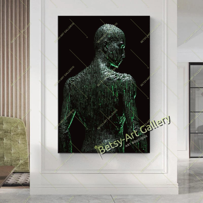 Green Neon Matrix Canvas Print, Modern Sci-Fi Home Decor