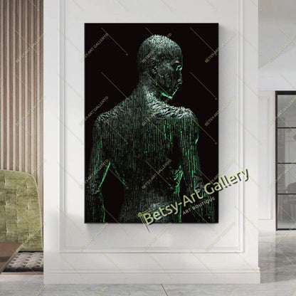 Green Neon Matrix Canvas Print, Modern Sci-Fi Home Decor