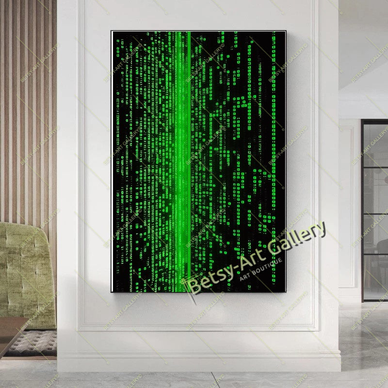 Green Neon Matrix Canvas Print, Modern Sci-Fi Home Decor