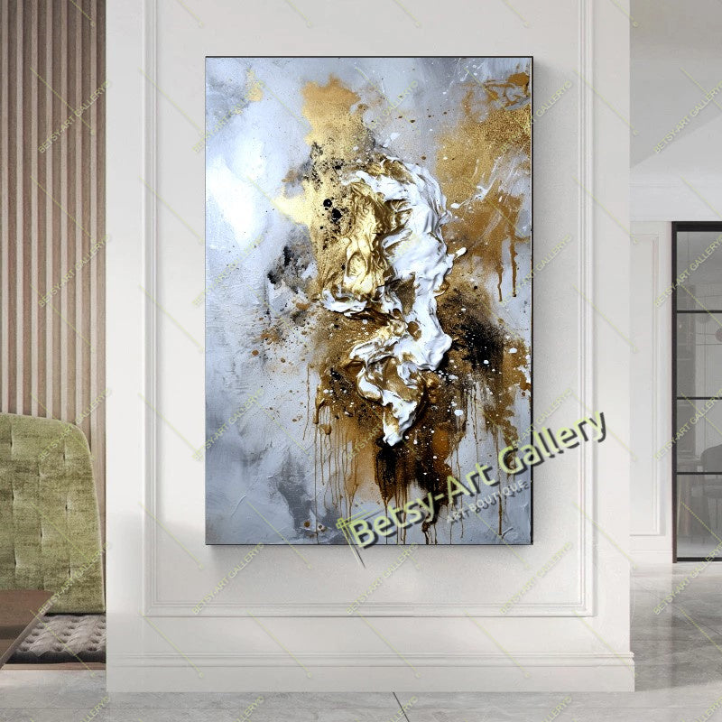 Gold Black White Abstract Canvas Print, Elegant Home Decor