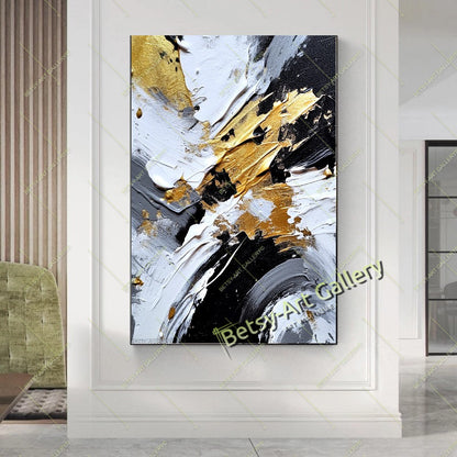 Gold Black White Abstract Canvas Print, Elegant Home Decor