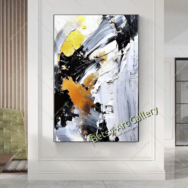 Gold Black White Abstract Canvas Print, Elegant Home Decor