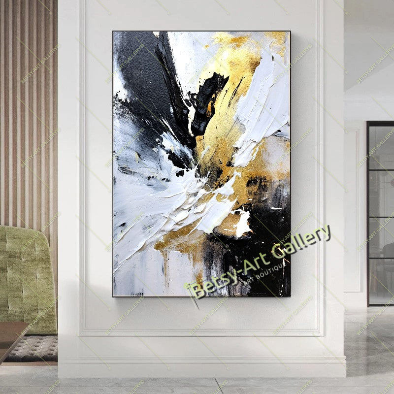 Gold Black White Abstract Canvas Print, Elegant Home Decor