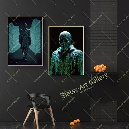 Green Neon Matrix Canvas Print, Modern Sci-Fi Home Decor