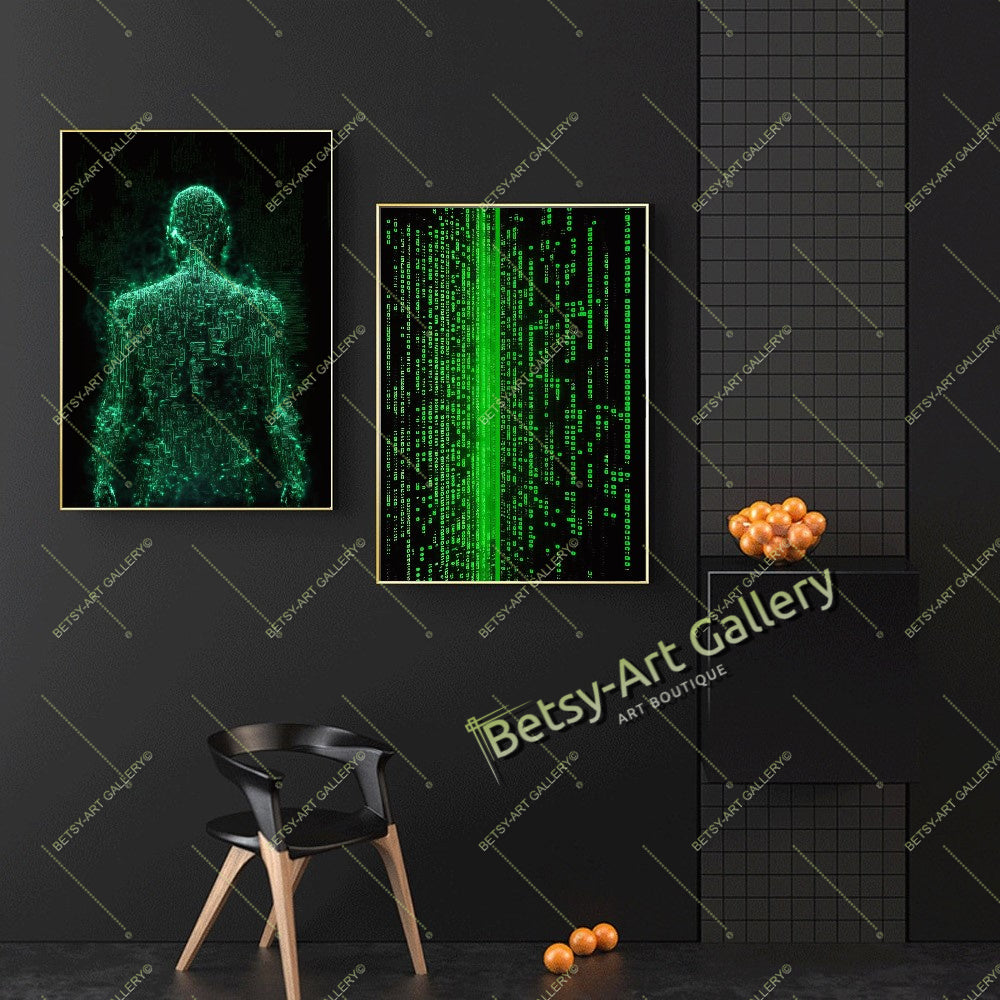 Green Neon Matrix Canvas Print, Modern Sci-Fi Home Decor