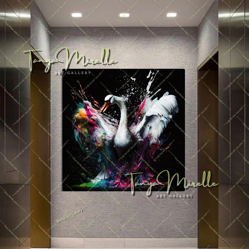 Two White Swans Art Print on Canvas – Modern Colorful Wall Art
