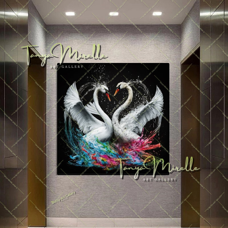 Two White Swans Art Print on Canvas – Modern Colorful Wall Art
