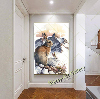 Rabbit Art Print on Canvas - Alpine Mountain Landscape Painting