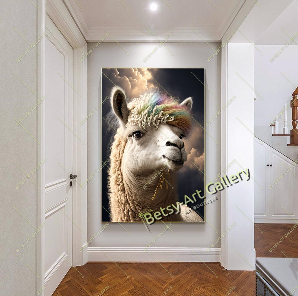 White Llama Canvas Print, Modern Animal Wall Art