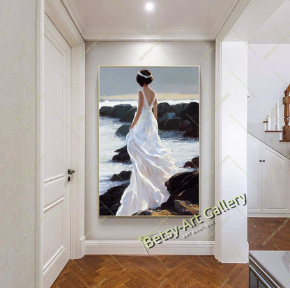 Elegant Lady at the Ocean Wall Art - Romantic Beach Scene Canvas Print