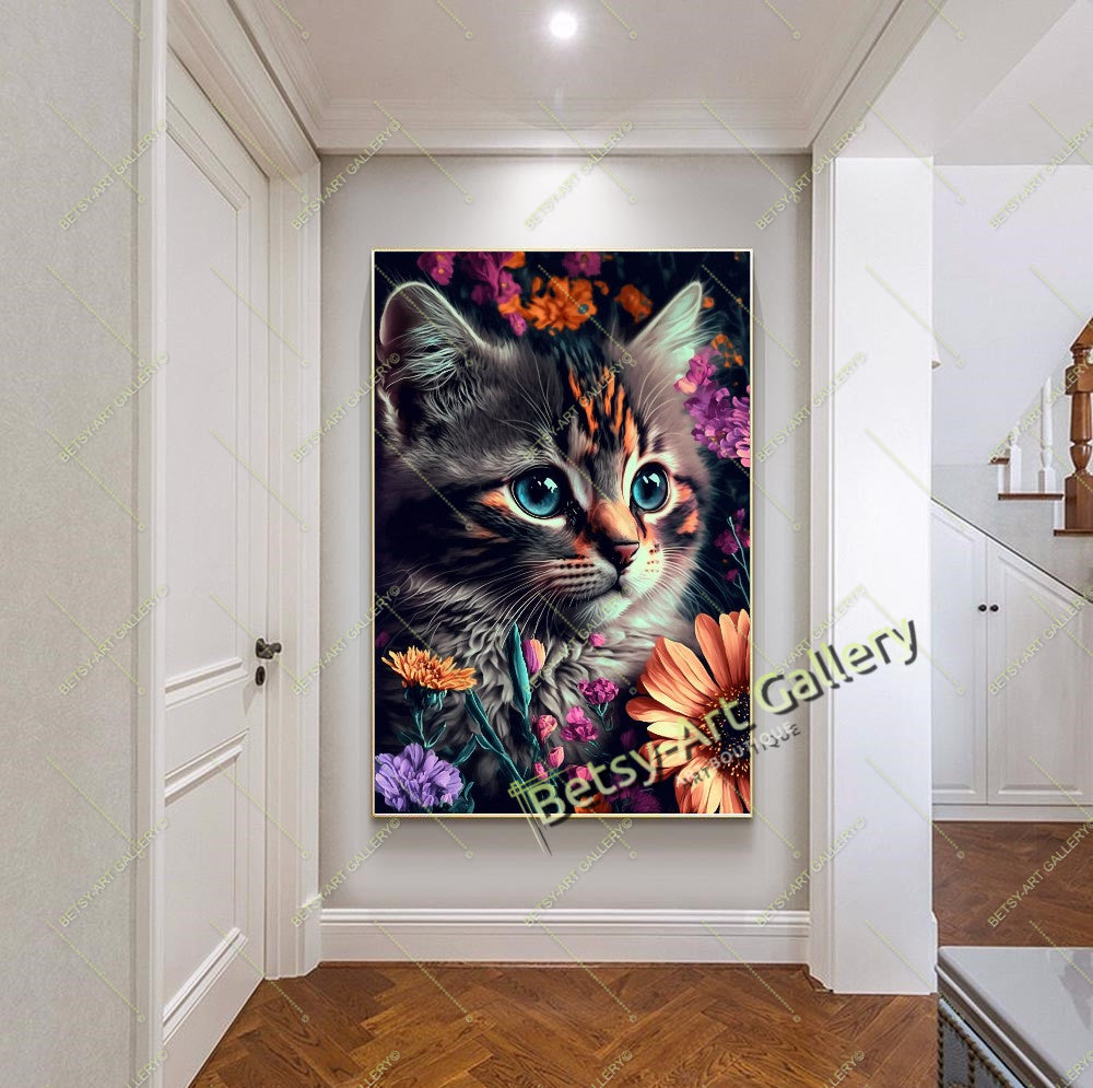 Jungle Green Cat Canvas Print, Tropical Cat Wall Art