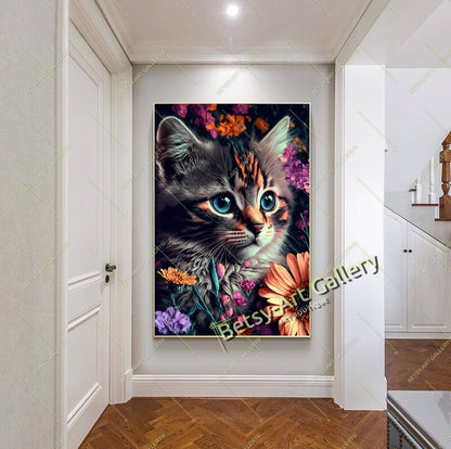 Jungle Green Cat Canvas Print, Tropical Cat Wall Art