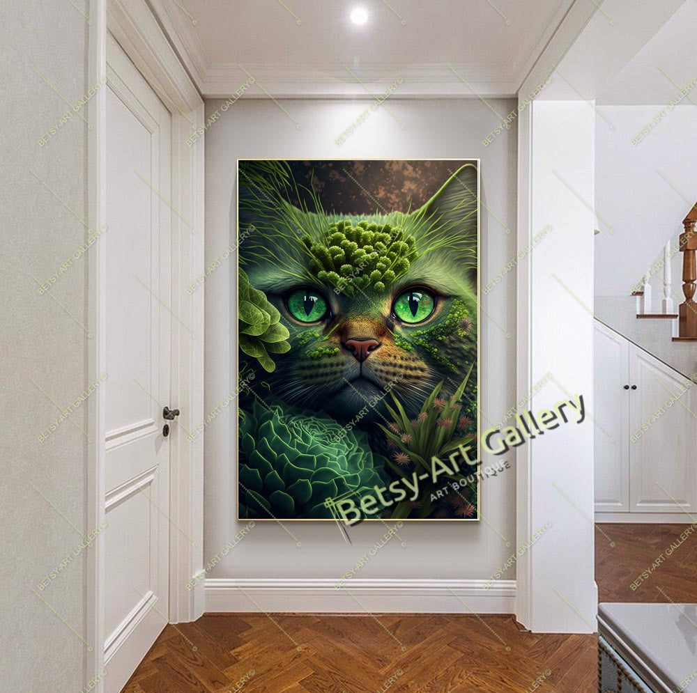 Jungle Green Cat Canvas Print, Tropical Cat Wall Art