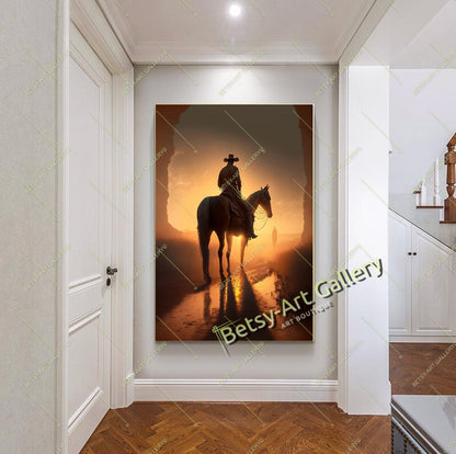 Western Cowboy Sunset Canvas Print, Cowboy and Horse Wall Art