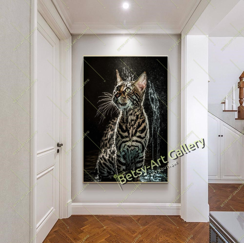 Jungle Green Cat Canvas Print, Tropical Cat Wall Art
