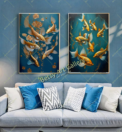 Gold Abstract Koi Fish Canvas Print - Elegant Fish Wall Art